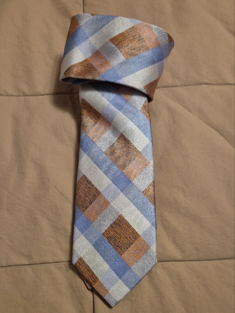 Nautica Blue, Peach & White Plaid Men's Tie - Picture 3 of 6